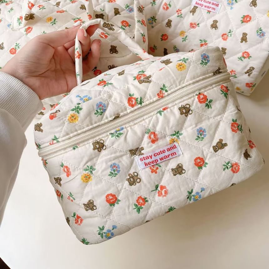 Bear Floral Fabric Makeup Bag / Clutch