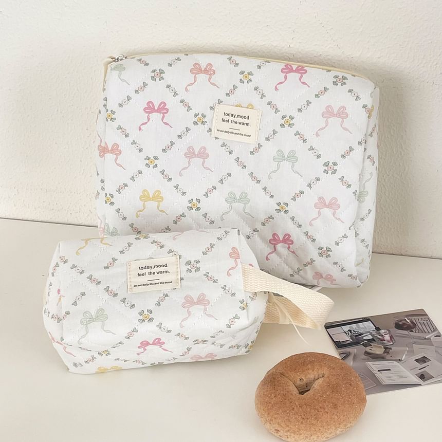 Lettering Applique Bow Fabric Makeup Bag / Clutch (Various Designs)