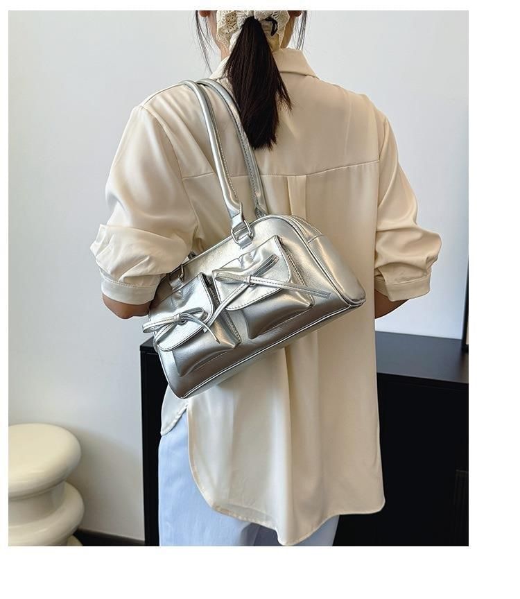 Faux Leather Ribbon Bowler Bag