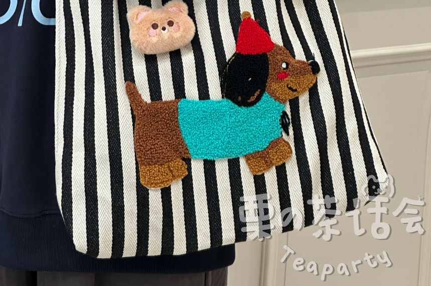 Fleece Dog Striped Canvas Tote Bag