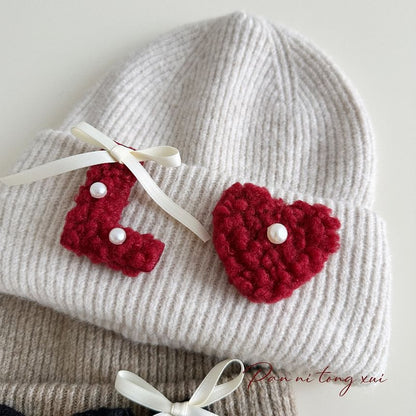 Ribbon Faux Pearl Chenille Applique Knit Beanie