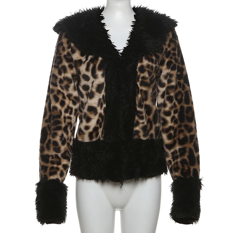 Collared Leopard Patterned Panel Faux Fur Hook And Eye Jacket