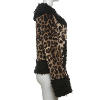 Collared Leopard Patterned Panel Faux Fur Hook And Eye Jacket