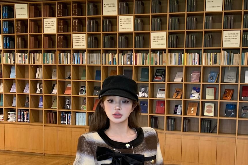 Crew Neck Plaid Bow Accent Contrast Trim Button-Up Crop Jacket / High Rise Mini Pencil Skirt