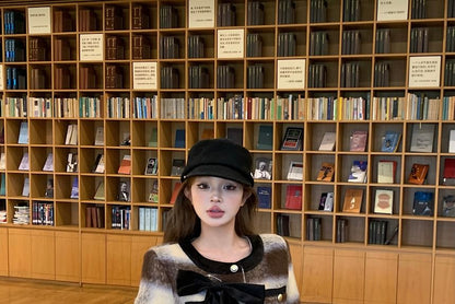 Crew Neck Plaid Bow Accent Contrast Trim Button-Up Crop Jacket / High Rise Mini Pencil Skirt