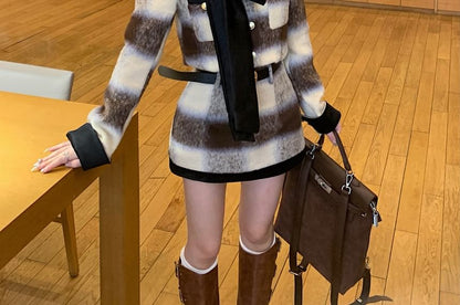 Crew Neck Plaid Bow Accent Contrast Trim Button-Up Crop Jacket / High Rise Mini Pencil Skirt