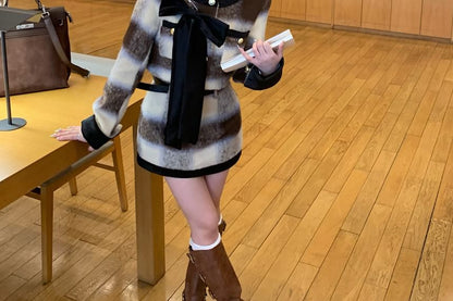 Crew Neck Plaid Bow Accent Contrast Trim Button-Up Crop Jacket / High Rise Mini Pencil Skirt