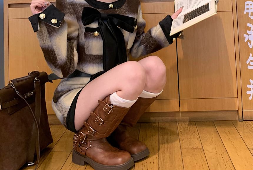 Crew Neck Plaid Bow Accent Contrast Trim Button-Up Crop Jacket / High Rise Mini Pencil Skirt