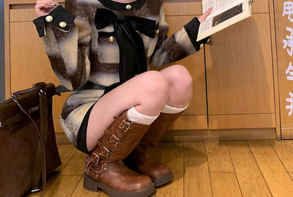 Crew Neck Plaid Bow Accent Contrast Trim Button-Up Crop Jacket / High Rise Mini Pencil Skirt