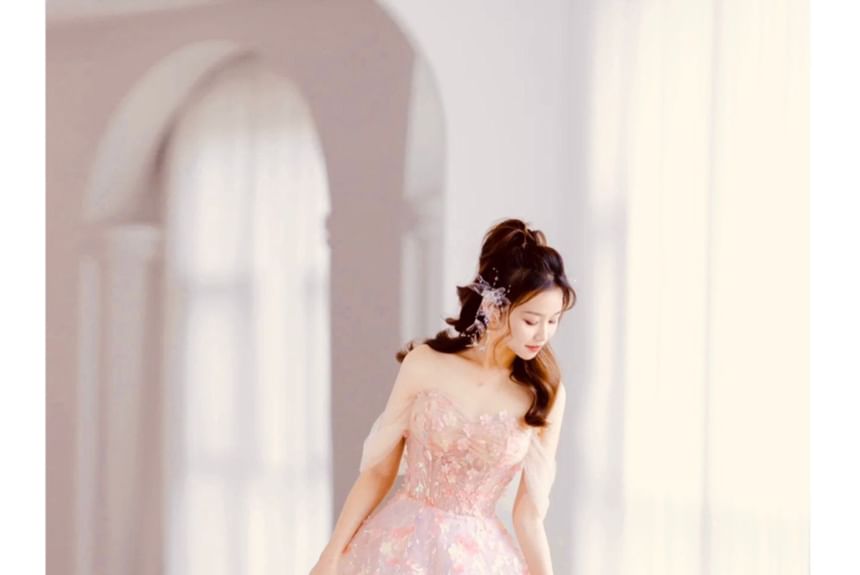 Sleeveless Off-Shoulder Floral A-Line Evening Gown