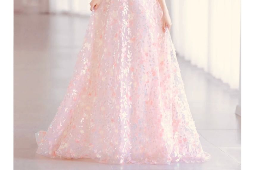 Sleeveless Off-Shoulder Floral A-Line Evening Gown