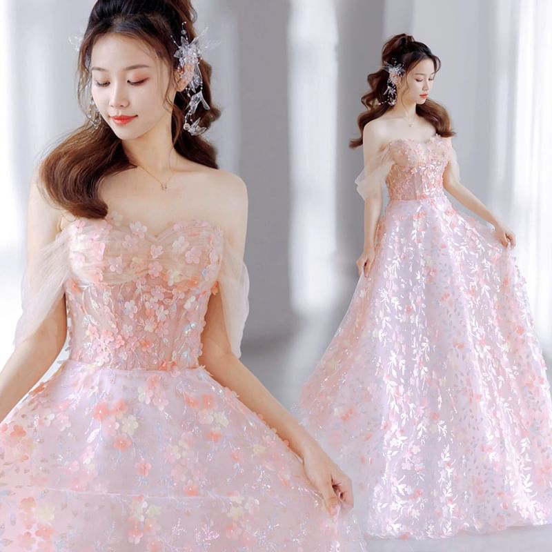 Sleeveless Off-Shoulder Floral A-Line Evening Gown