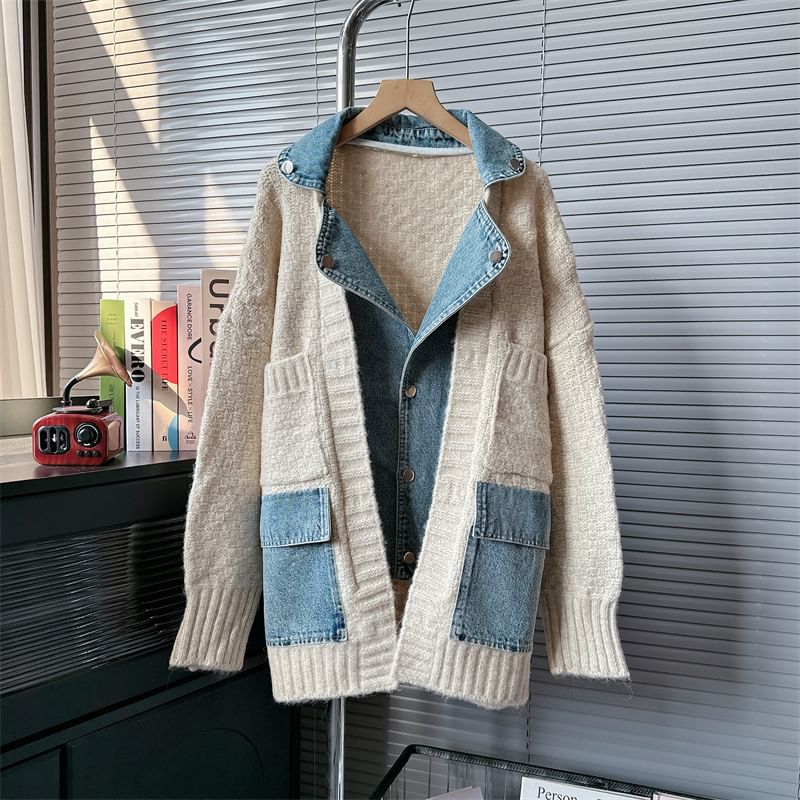 Mock Two-Piece Denim Panel Knit Cardigan