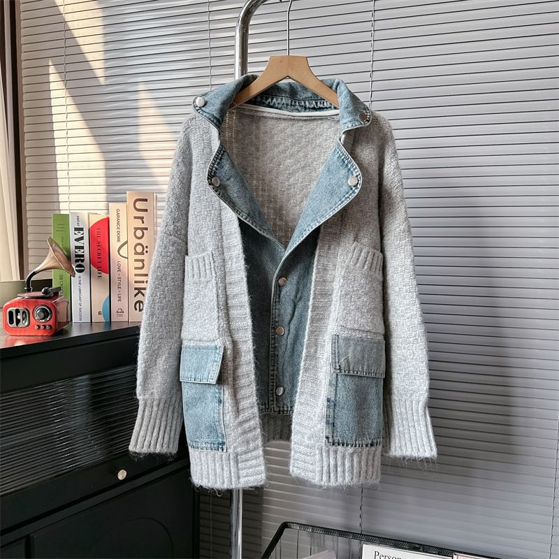 Mock Two-Piece Denim Panel Knit Cardigan