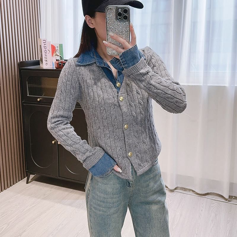 Paneled Mock Two-Piece Denim Shirt