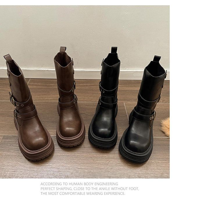 Leather Buckled Faux Boots Short Platform Plain