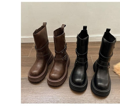 Leather Buckled Faux Boots Short Platform Plain