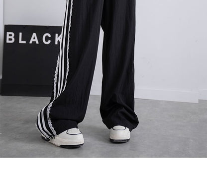 High Waist Lace-Trim Striped Loose-Fit Wide-Leg Sweatpants