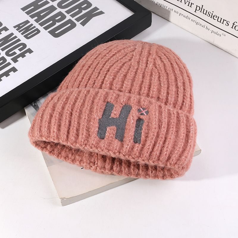 Lettering Embroidered Knit Beanie