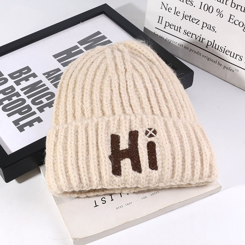 Lettering Embroidered Knit Beanie
