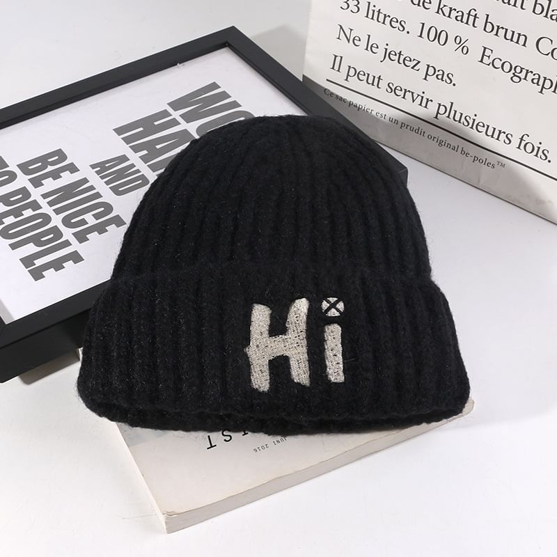 Lettering Embroidered Knit Beanie