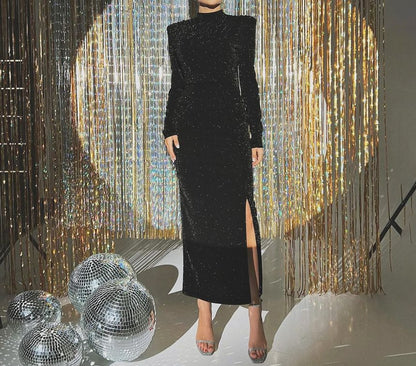 Neck Glitter Bodycon Gown Evening Long-Sleeve High