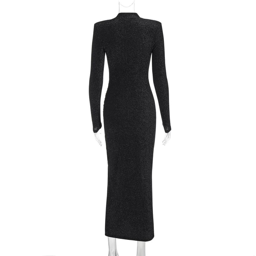 Neck Glitter Bodycon Gown Evening Long-Sleeve High