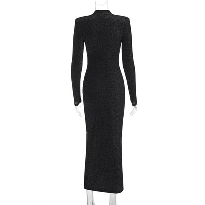 Neck Glitter Bodycon Gown Evening Long-Sleeve High