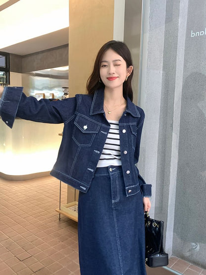 Set: Collared Plain Denim Button Jacket + Mid Rise Denim Midi A-Line Skirt