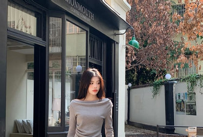 Set: Long-Sleeve Off Shoulder Plain Ruched Slit Tee + Mid Rise Plain Wide Leg Pants