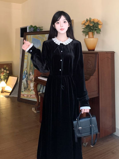 Long Sleeve Peter Pan Collar Lace Trim Velvet Midi A-Line Dress