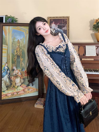 Long-Sleeve Square Neck Floral Blouse / Spaghetti Strap Lace Up Midi A-Line Dress