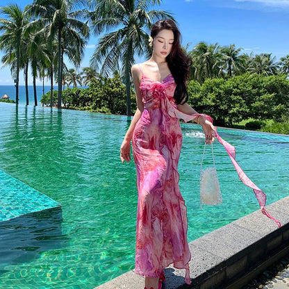 Spaghetti Strap Tie Dye Flower Accent Ruffle Trim Midi A-Line Sundress