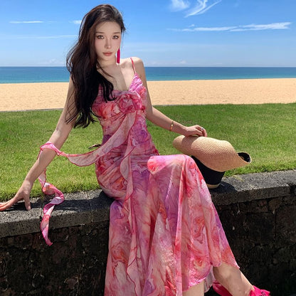 Spaghetti Strap Tie Dye Flower Accent Ruffle Trim Midi A-Line Sundress