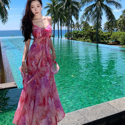 Spaghetti Strap Tie Dye Flower Accent Ruffle Trim Midi A-Line Sundress