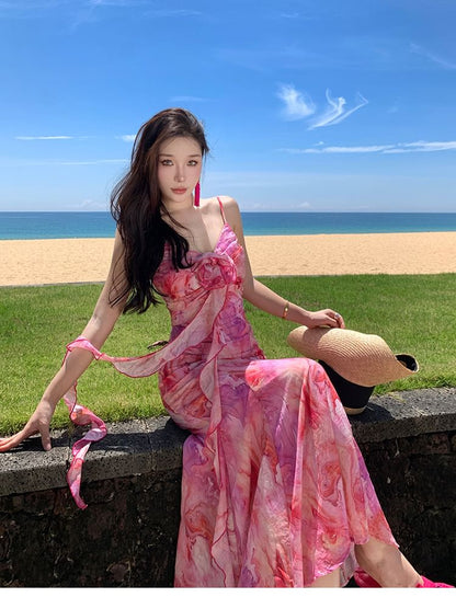 Spaghetti Strap Tie Dye Flower Accent Ruffle Trim Midi A-Line Sundress