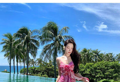 Spaghetti Strap Tie Dye Flower Accent Ruffle Trim Midi A-Line Sundress