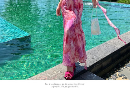 Spaghetti Strap Tie Dye Flower Accent Ruffle Trim Midi A-Line Sundress