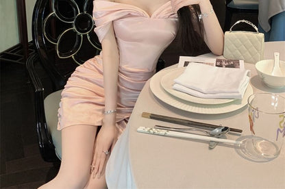 Cap-Sleeve Off-Shoulder Plain Ruched Asymmetrical Mini Sheath Dress