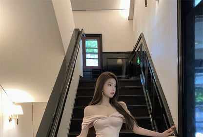 Cap-Sleeve Off-Shoulder Plain Ruched Asymmetrical Mini Sheath Dress