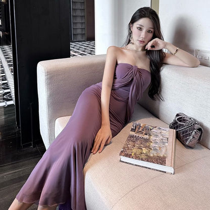 Strapless Plain Bow Midi Sheath Dress