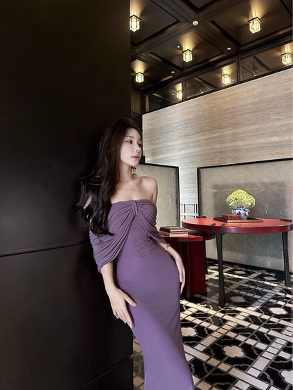 Strapless Plain Bow Midi Sheath Dress