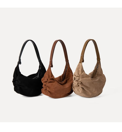 Faux Suede Plain Zip Shoulder Bag