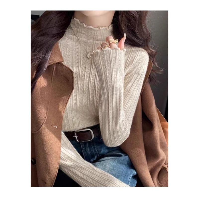 Long-Sleeve Mock Neck Plain Lettuce Edge Knit Top