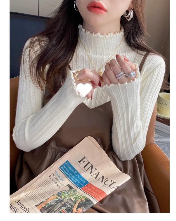 Long-Sleeve Mock Neck Plain Lettuce Edge Knit Top