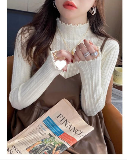 Long-Sleeve Mock Neck Plain Lettuce Edge Knit Top