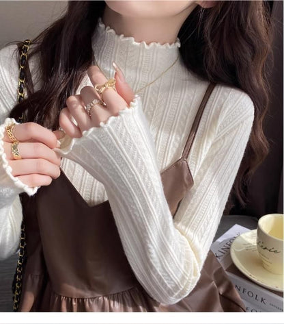 Long-Sleeve Mock Neck Plain Lettuce Edge Knit Top