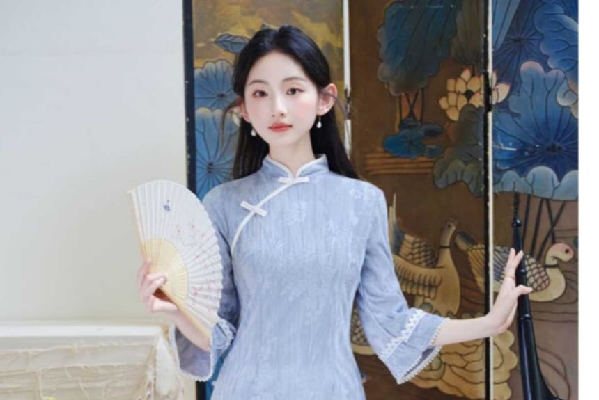 3/4 Sleeve Floral Print Midi Sheath Qipao / High Rise Plain Lace Maxi A-Line Skirt