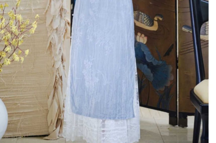 3/4 Sleeve Floral Print Midi Sheath Qipao / High Rise Plain Lace Maxi A-Line Skirt