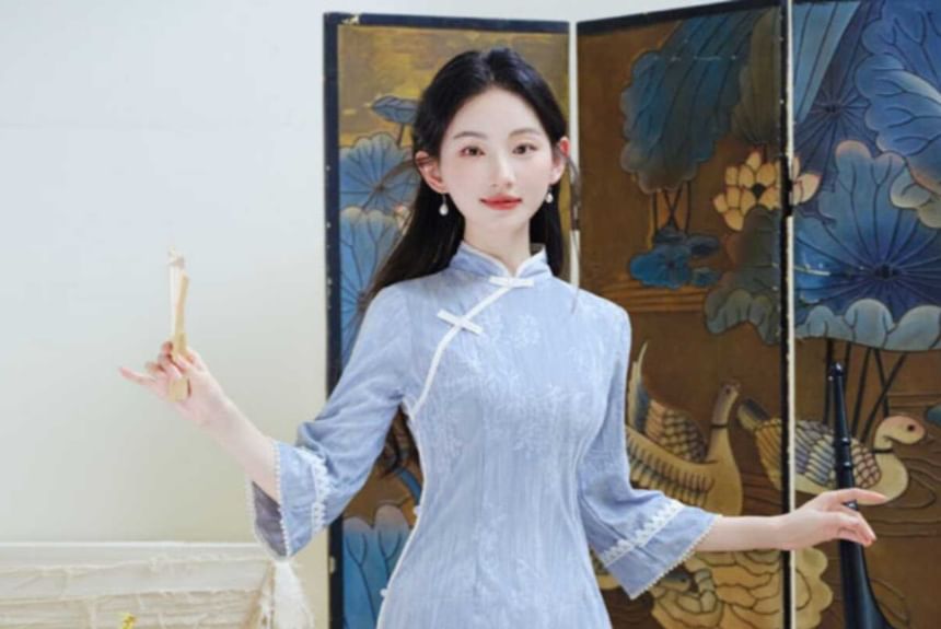 3/4 Sleeve Floral Print Midi Sheath Qipao / High Rise Plain Lace Maxi A-Line Skirt